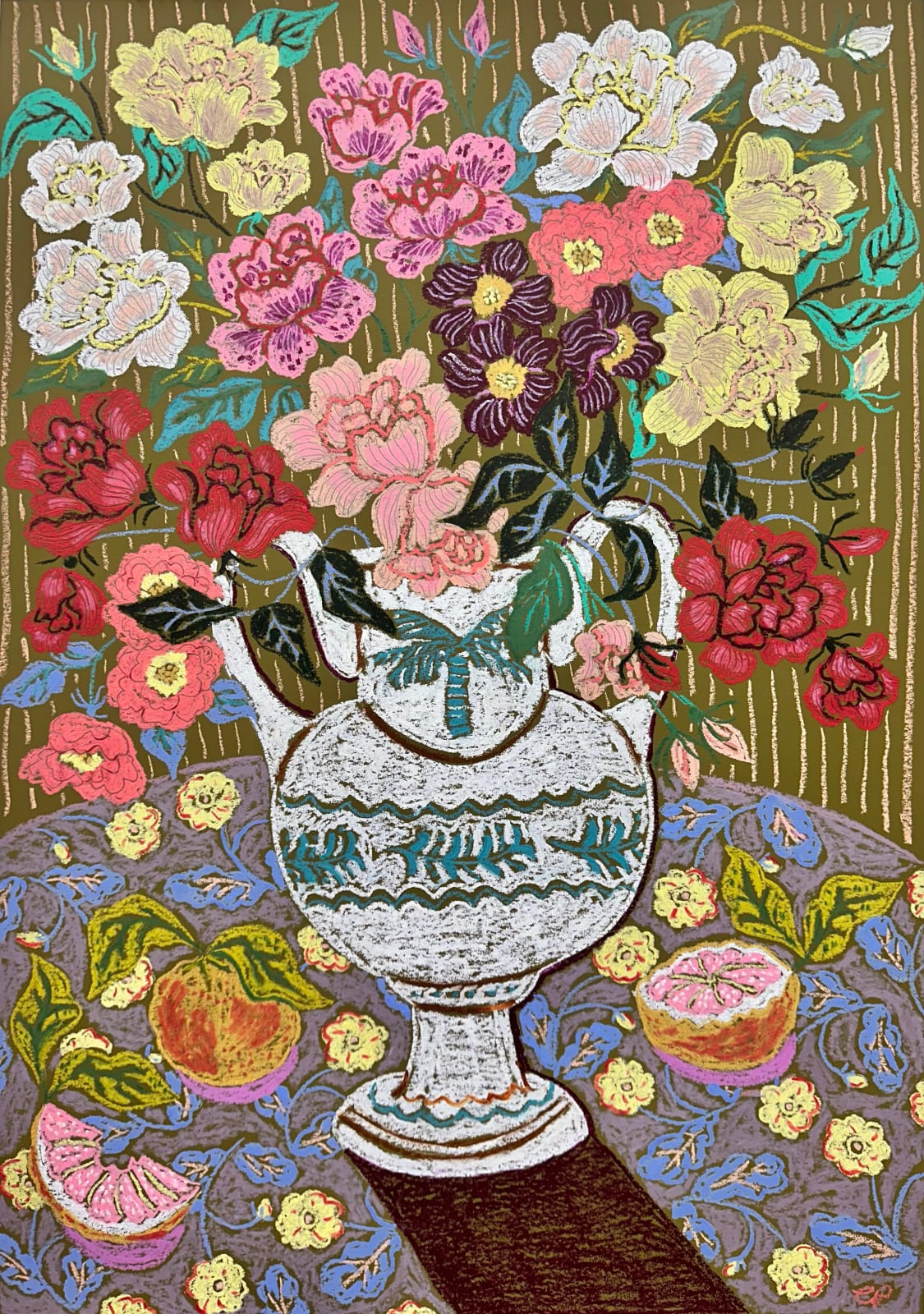 Camilla Perkins, Studio Flowers with Roses and Pink Grapefruit, 2024