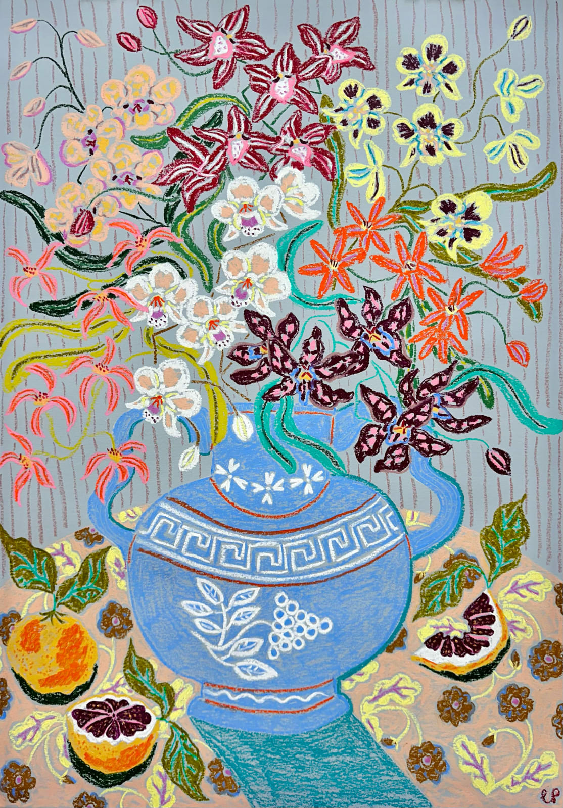 Camilla Perkins, Studio Flowers with Orchids and Blood Oranges, 2024