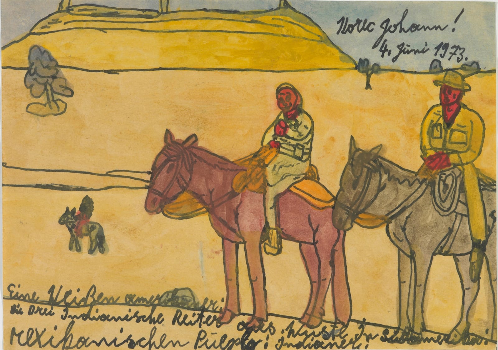 Two pink skinned people on horseback looking over a yellow landscape and another person on horseback in the distance.