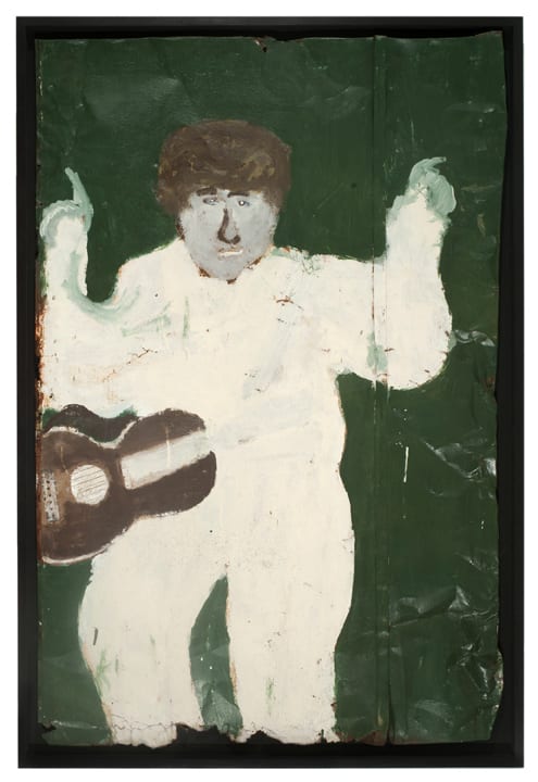 Simple depiction of a person in all white, holding their hands up, with a brown guitar strapped to him.