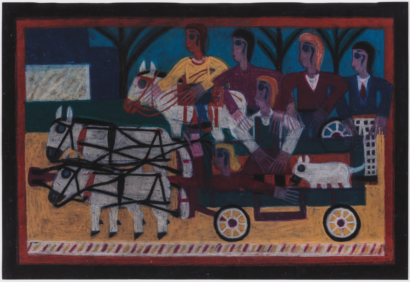 Two horses pulling a wagon with two people and a dog inside. One man is on white horse behind the wagon and 3 men on foot behind the rider.