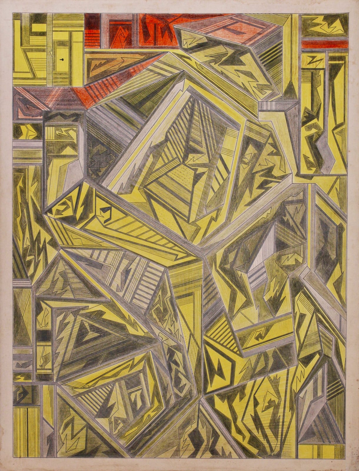 Yellow, grey, black, and red colored sketch of various angular geometric shapes.