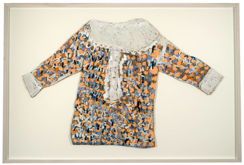 Simple depiction of a blouse with white ruffles and a colorful yellow, blue, brown, and orange pattern on it.