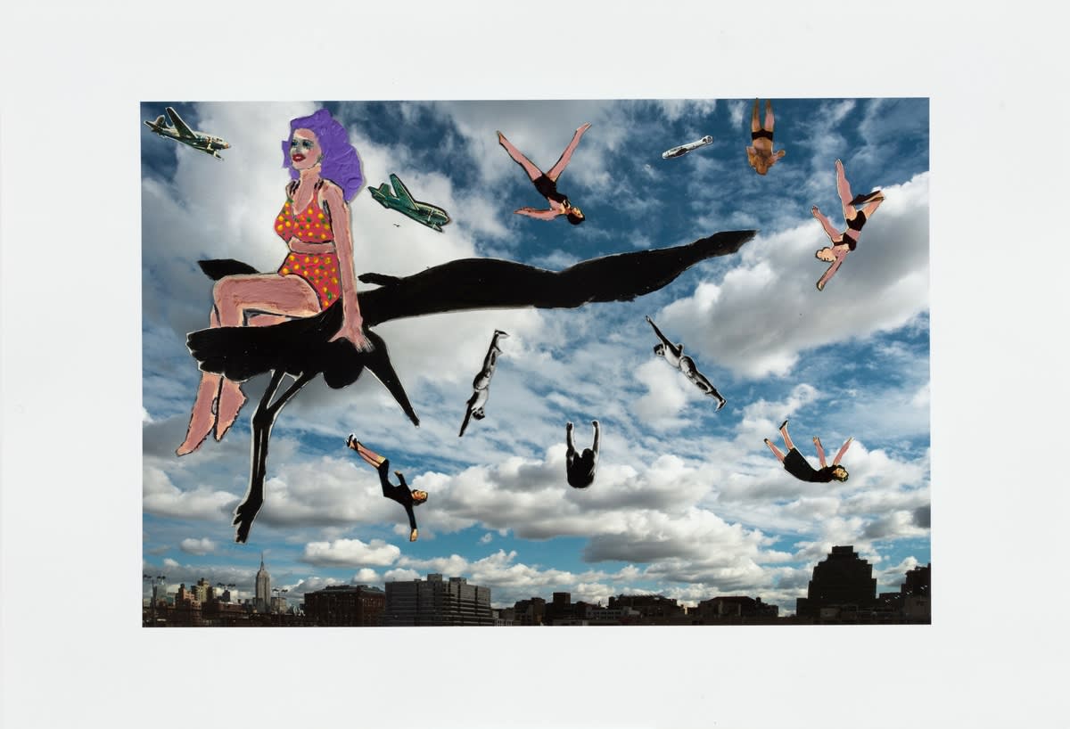 A women with purple hair and a orange and yellow polkadot bathing suit, sitting on a large flying black bird. Airplanes and falling people populate the cloudy sky behind them.