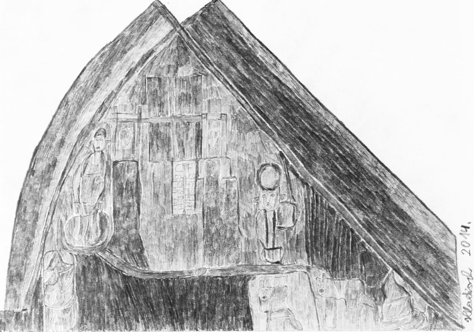 Simple black and white sketch of a triangular shape with vague outlines of people and animals inside.