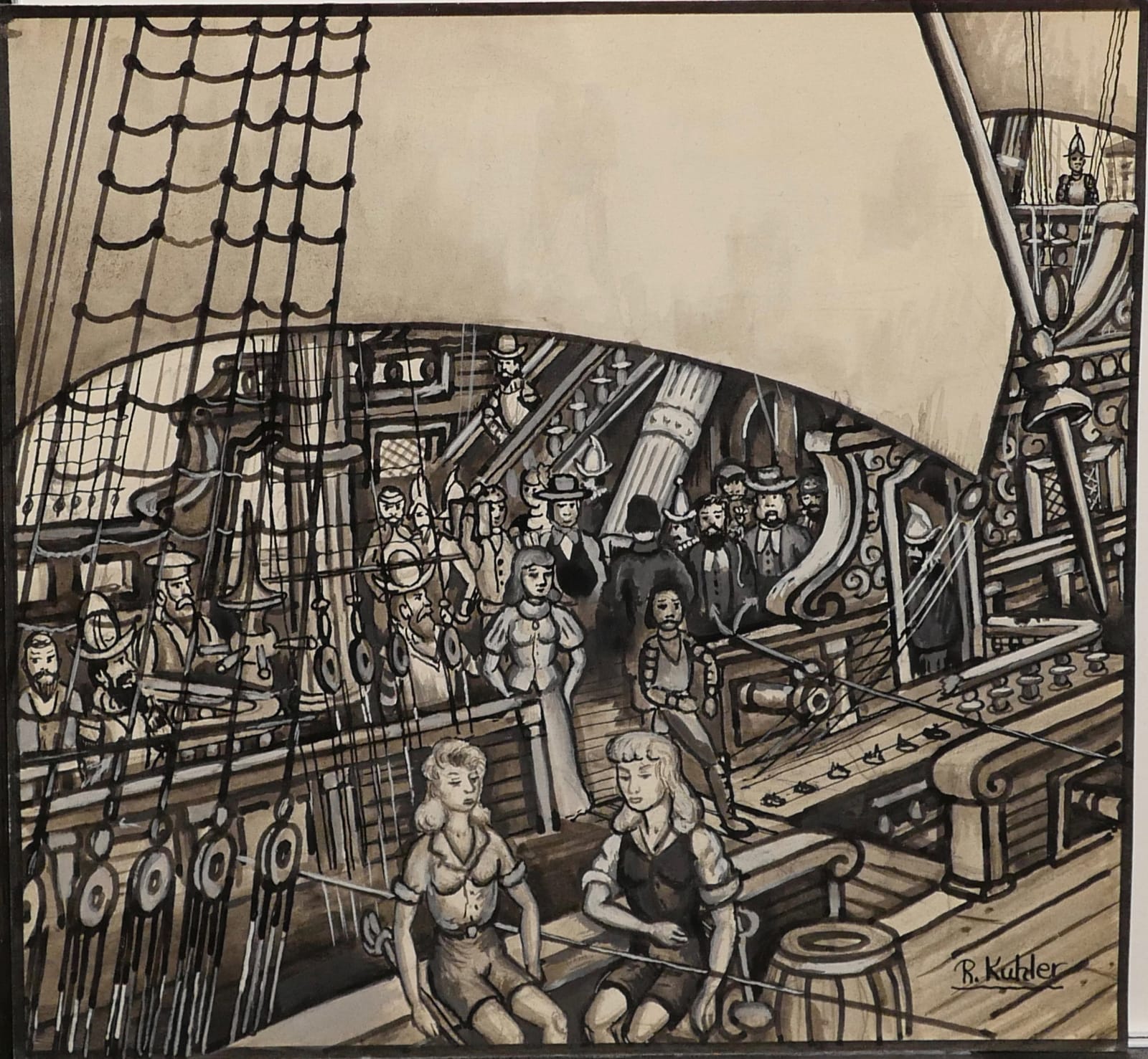 Black and white depiction of an old wooden sloop ship with many people onboard dressed in a variety of manner.
