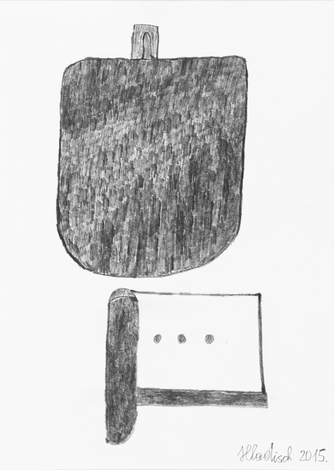 Simple black and white sketch of two objects. One is in the shape of a dreidel. The other is in the shape of a white flag with three dots in the middle.
