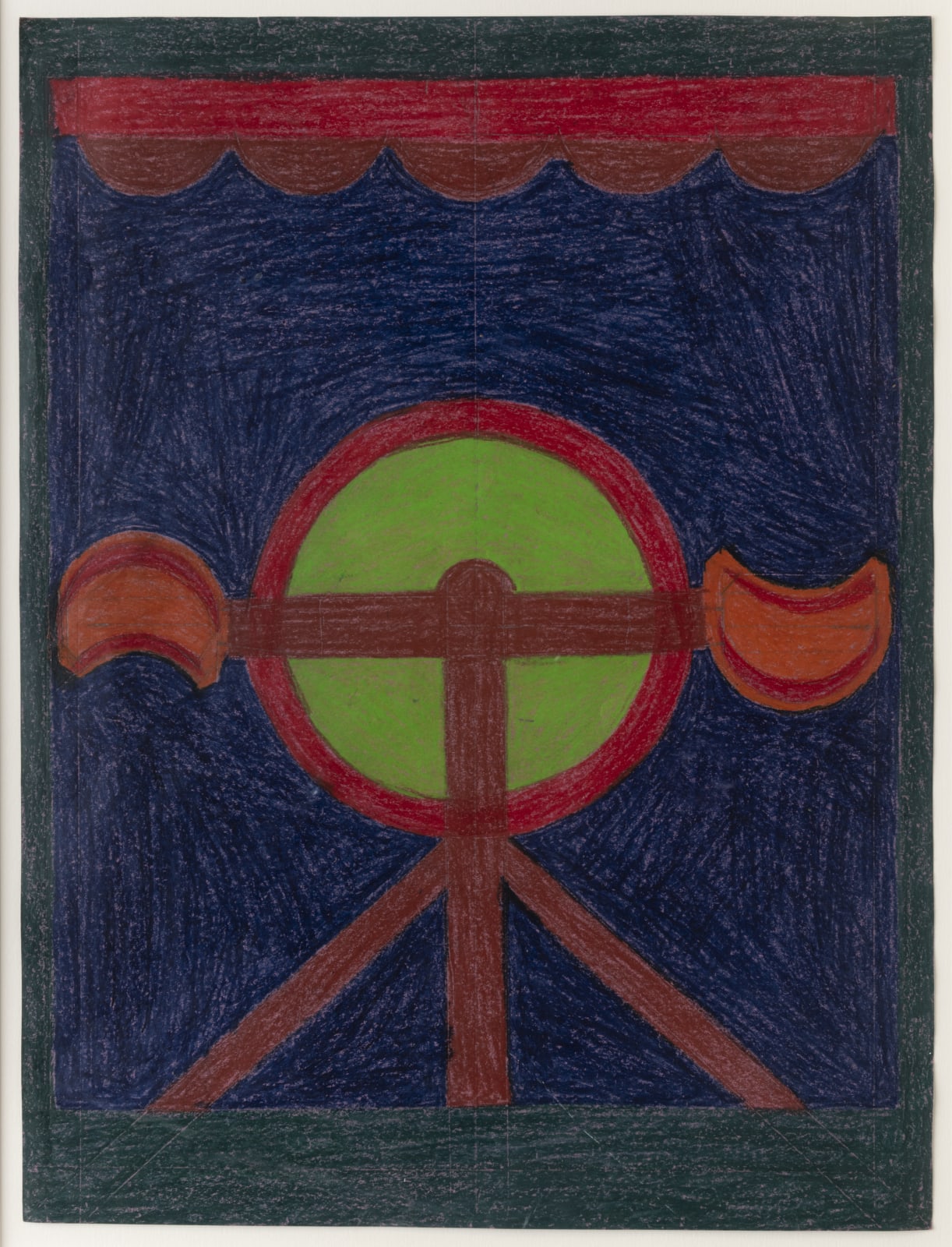 Green circle with red border on a red tripod with orange crescent shapes on the ends. Background is blue with a red scalloped top.