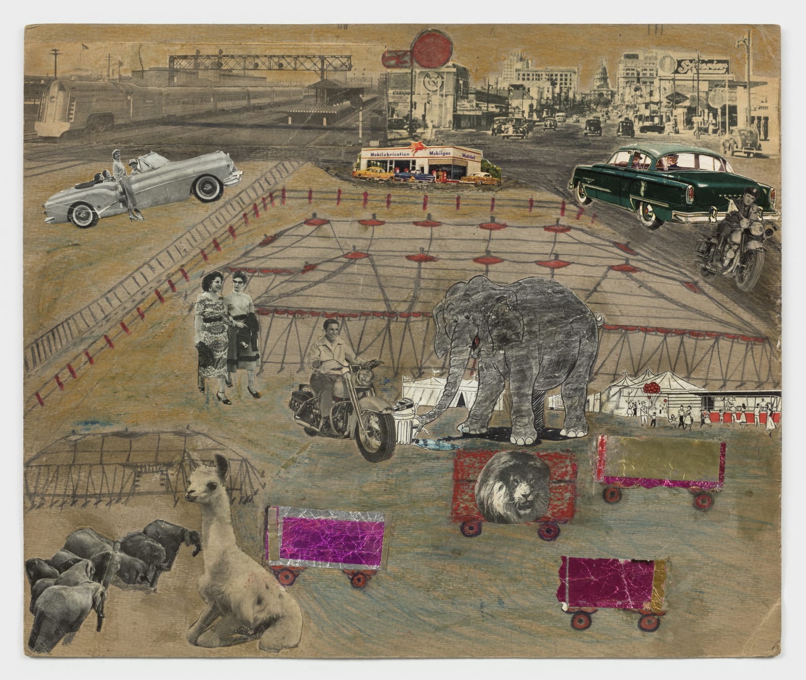 A collage made up of a large white tent, a lama, several elephants, a man riding a motorcycle, two women, two cars, and a city in the distance.