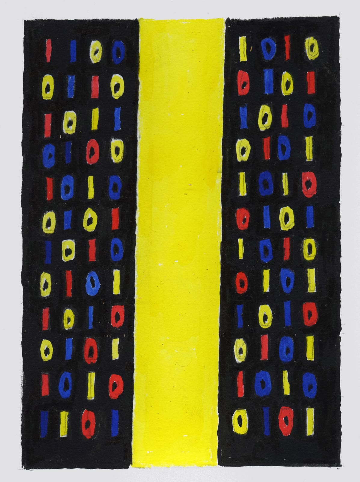 Black background with a solid yellow vertical bar down the middle. Red, blue, and yellow 1s and 0s on either side.