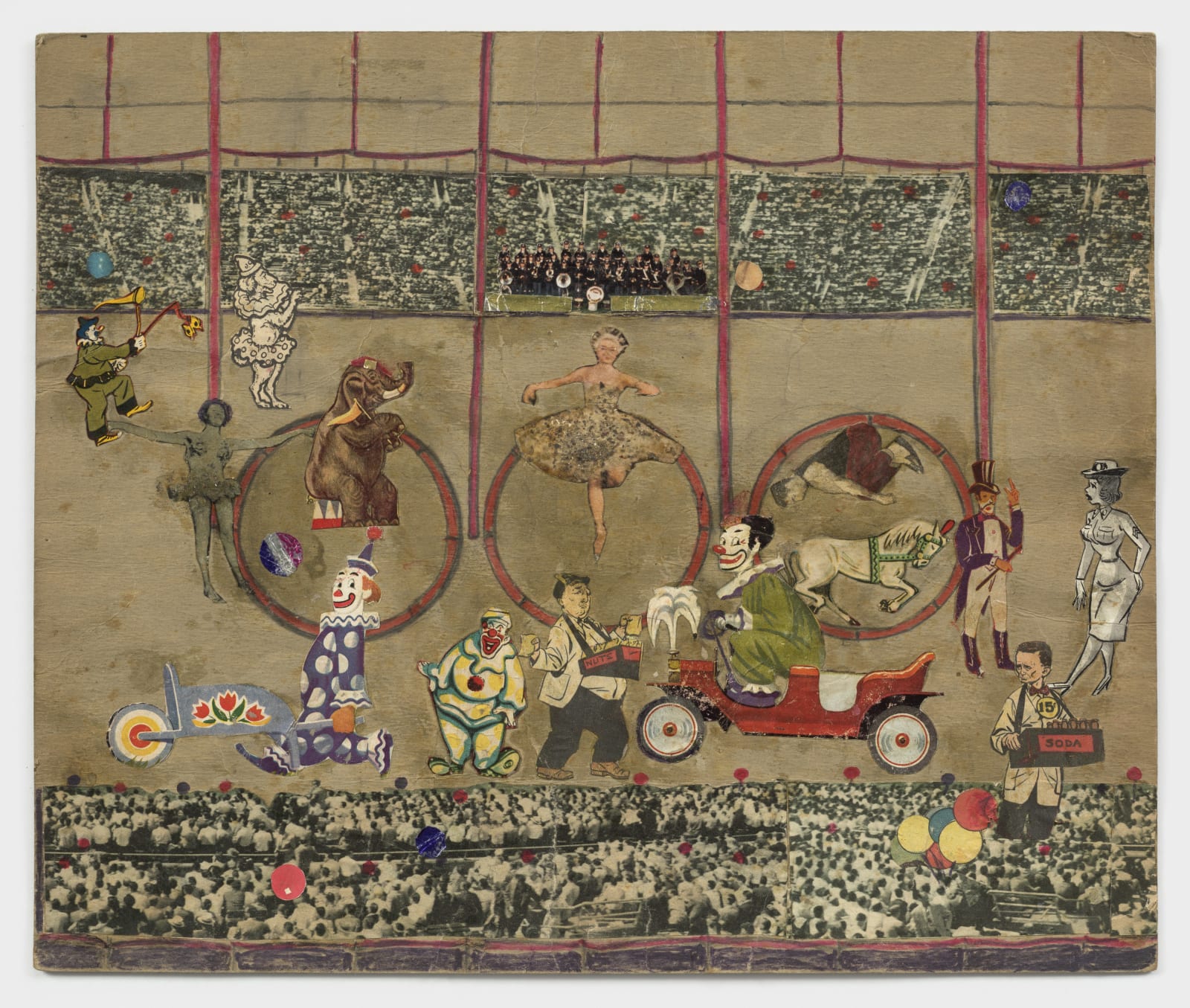 Collage of the inside of a circus tent containing clowns, dancers, an elephant, and vendors. Large crowd of people sitting on stands is on either side.