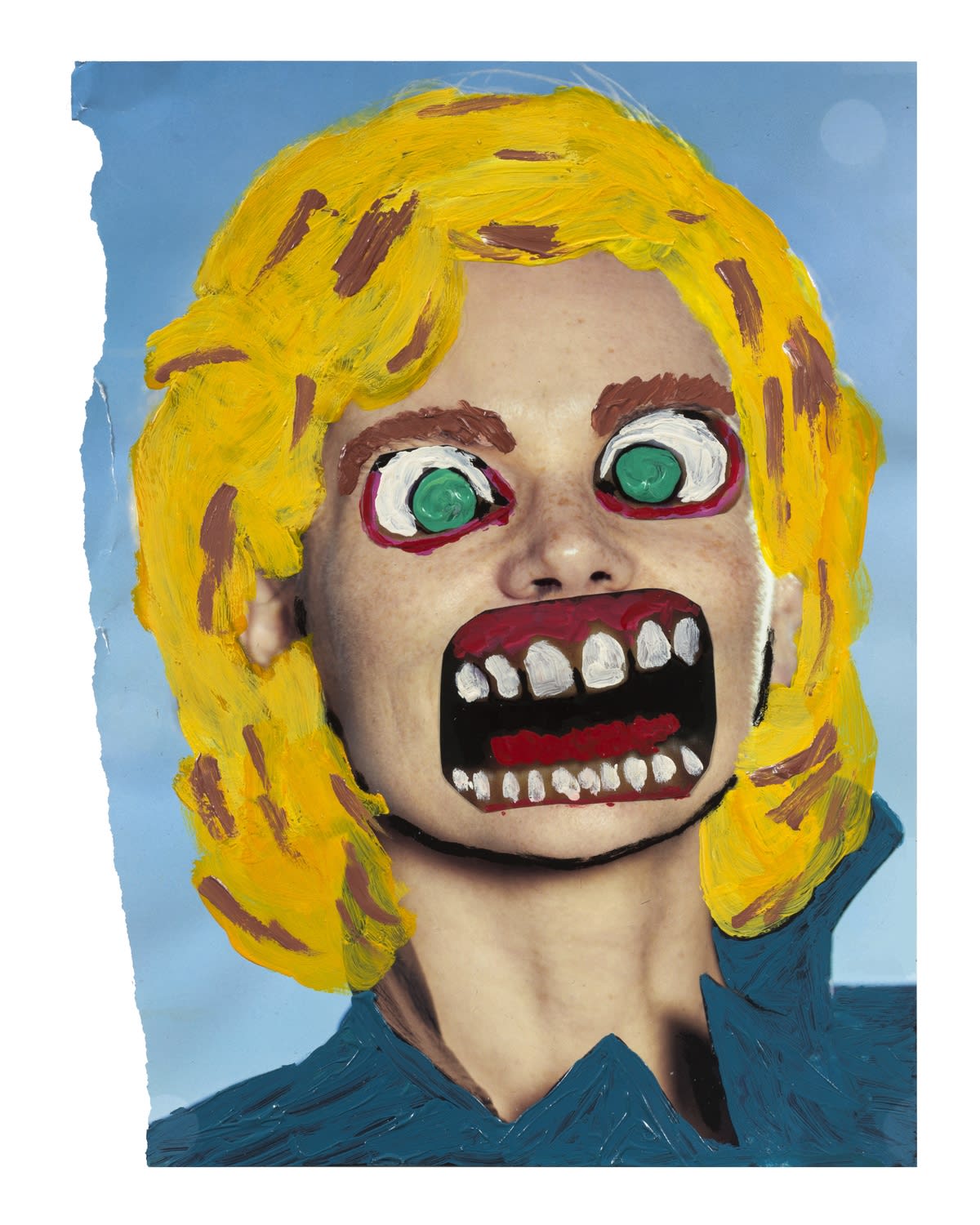 Photograph of a woman's face with big cartoony eyes, blonde hair, and open mouth drawn over it.