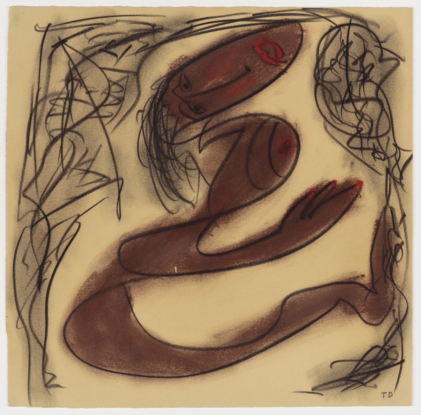 Brown, red, and black sketch of somebody with a wavy non-defined body, long hair, red lips, and red nails.