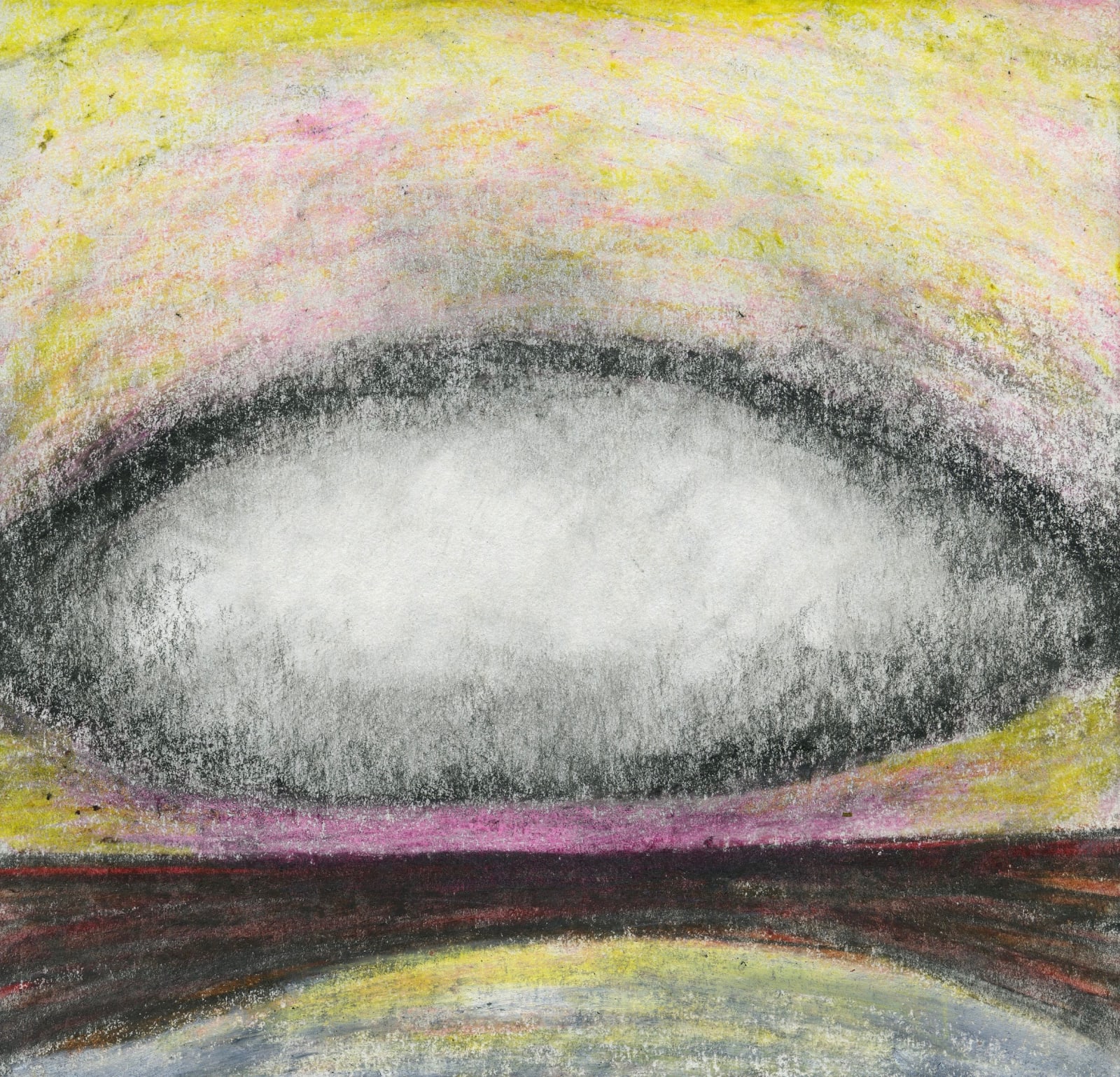 White rounded object with a black border surrounded by a yellow and purple background. A red and black horizon is below with a yellow and white rounded object at the bottom.