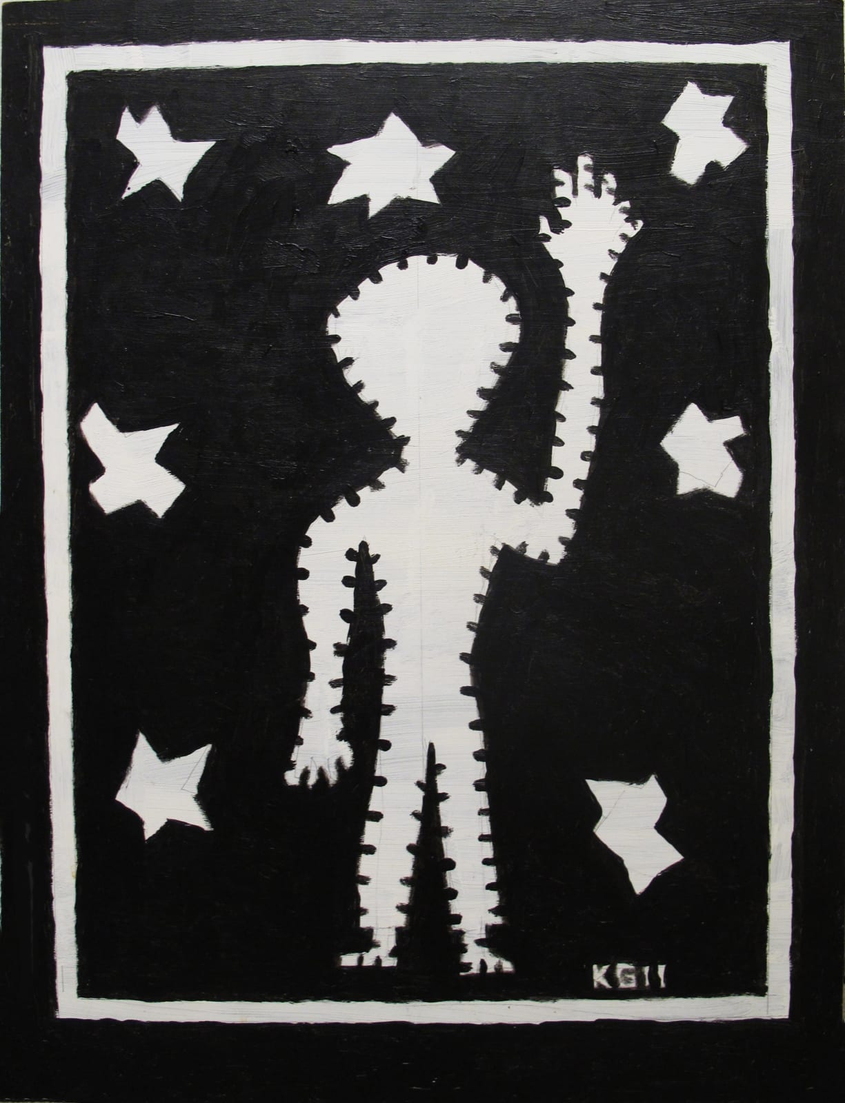 Black background with a white figure holding up their hand.