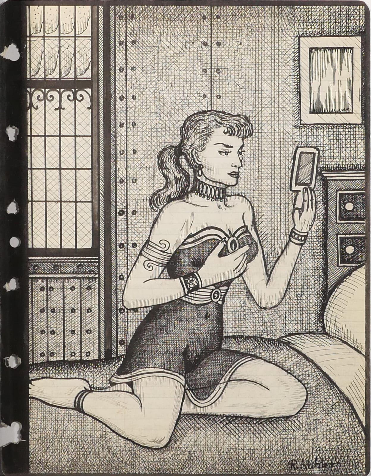 Black and white drawing of a woman in dress sitting on a bed looking at herself in a mirror she is holding.