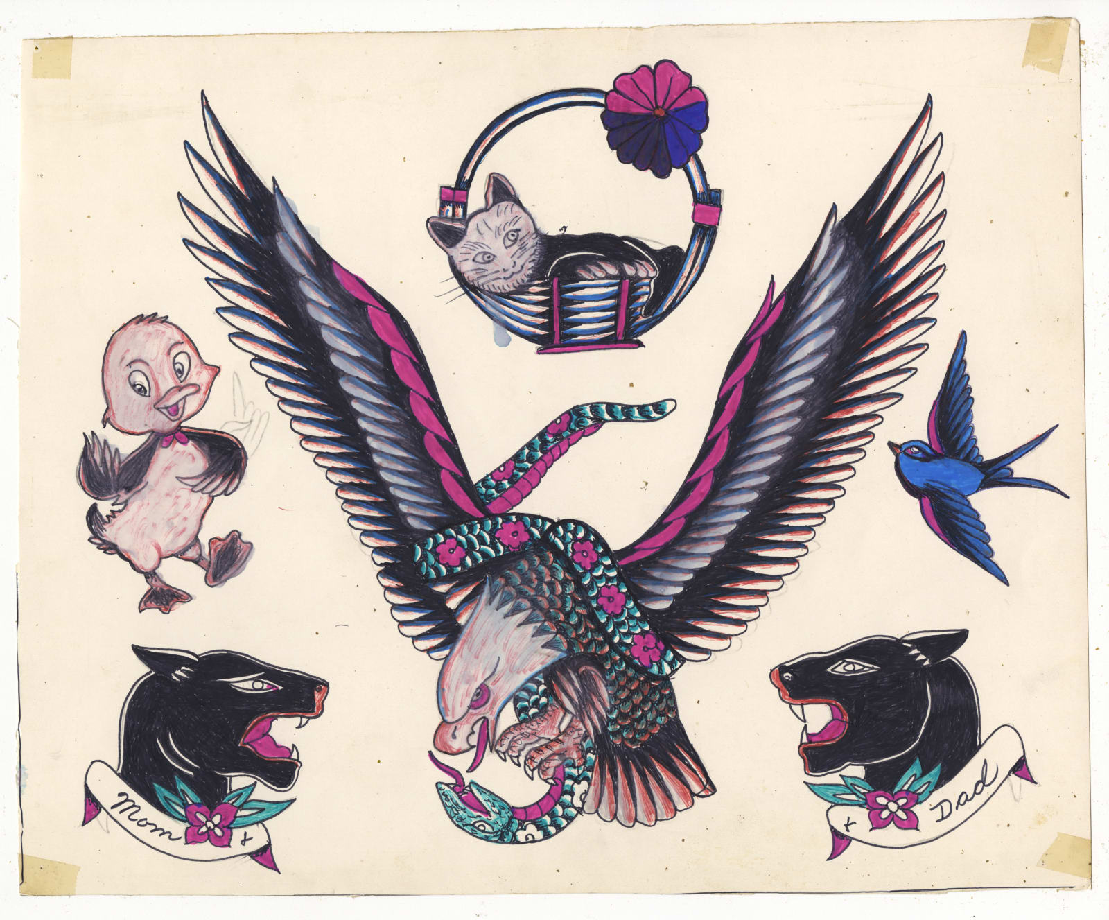 A cartoon black and white duck, wearing a red tie. A black and white cat in a black, blue, and pink basket. A large eagle with a snake wrapped around it. A small blue bird. Two black jaguar heads facing each other, one of which says 