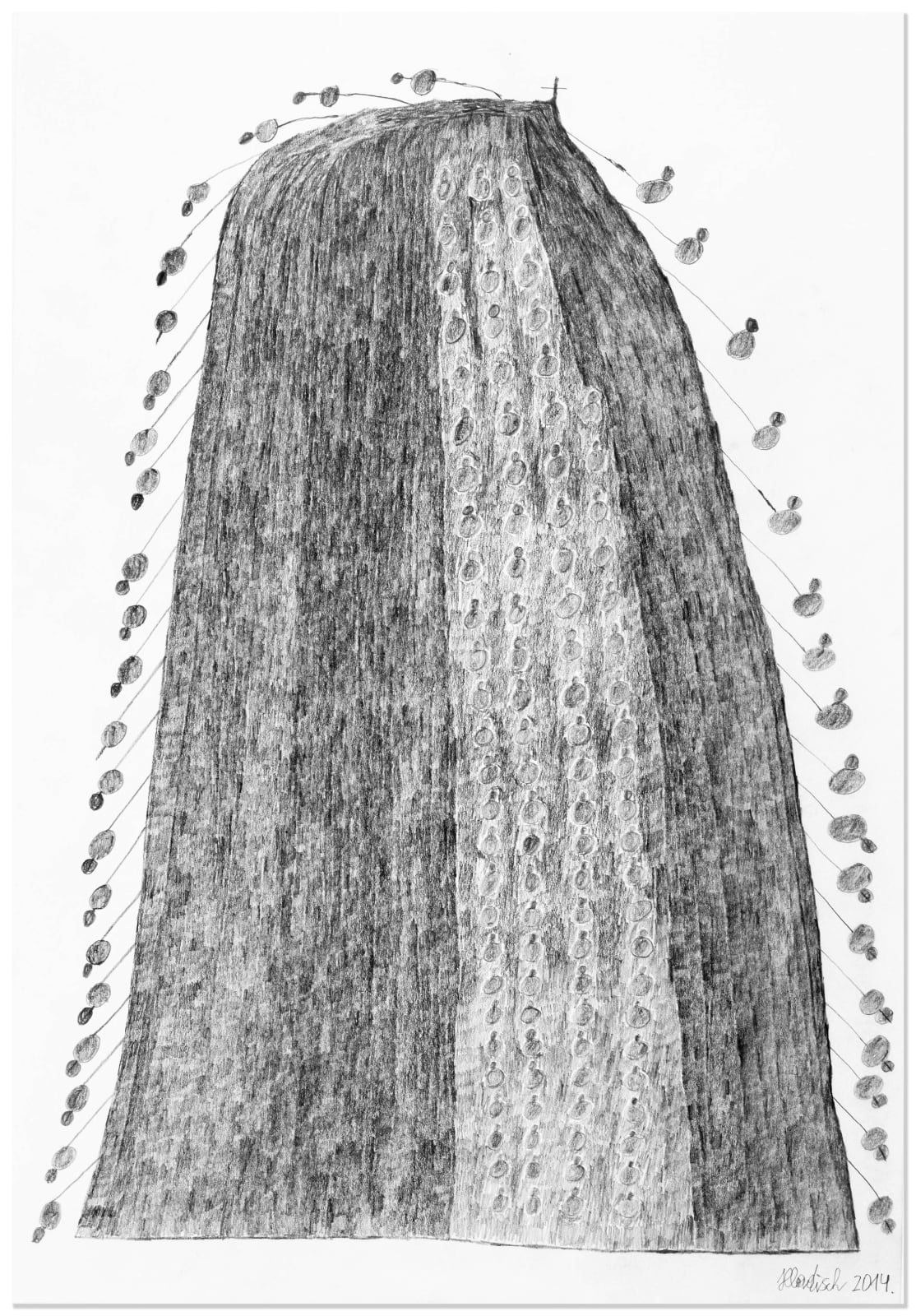 Black and white sketch of a vertical shape with a rounded top and little circular shapes surrounding.