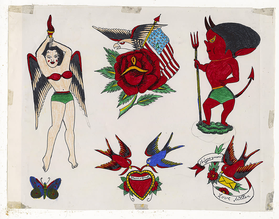 A woman with wings dressed in a red bra and green bottoms holding a knife above her head. A bird and an American flag above a red rose. A large red devil in green shorts. A blue and green butterfly. A red bird and a blue bird holding a red heart. A red bird holding a yellow letter.