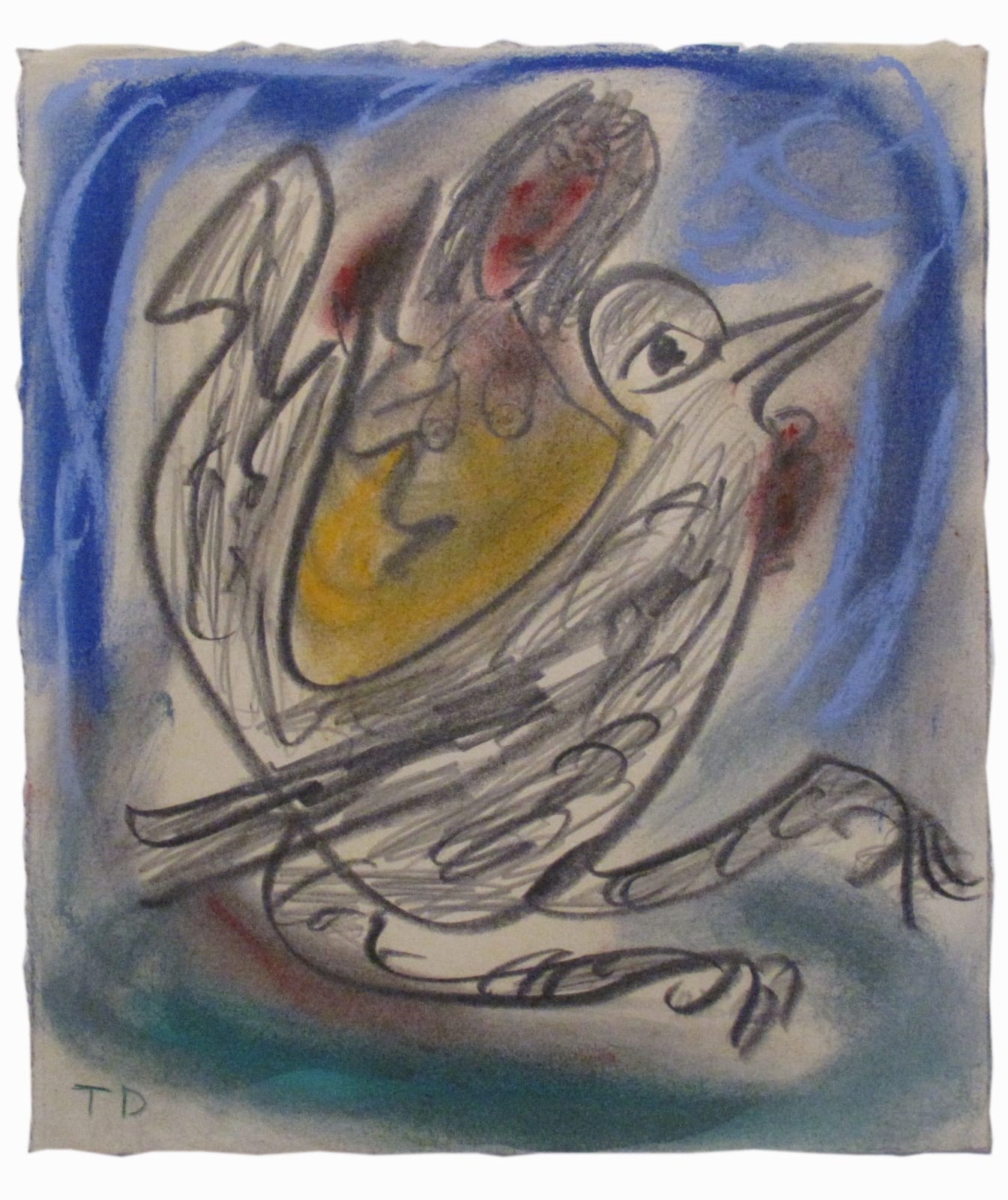 Black, blue, red, and yellow abstract sketch of a chicken.