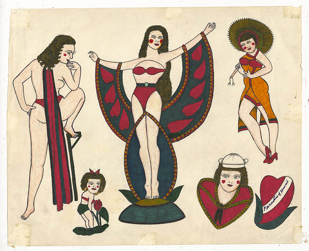 A woman with her back turned and one leg up wearing a red and green cape. A small girl standing next to a red flower. A woman wearing a red bikini holding her arms out with red and green fabric draped across. A woman in a yellow dress and a straw hat. the head of a woman wearing a white sailors cap.