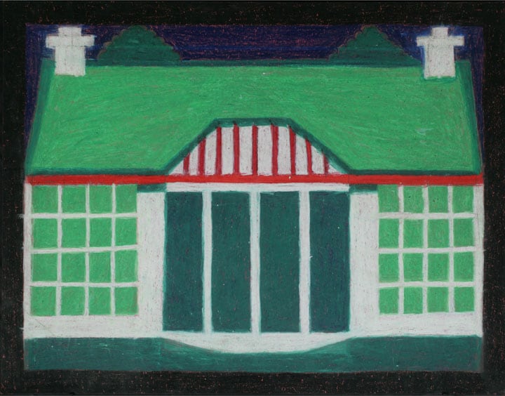 Eddie Arning, Untitled (Green House with Two Chimneys), c. 1968-70