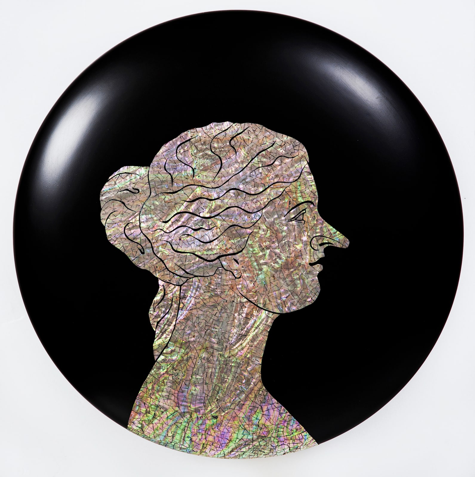 Side profile of a woman's head with multi-colored rainbow skin and hair, and a pointy nose.