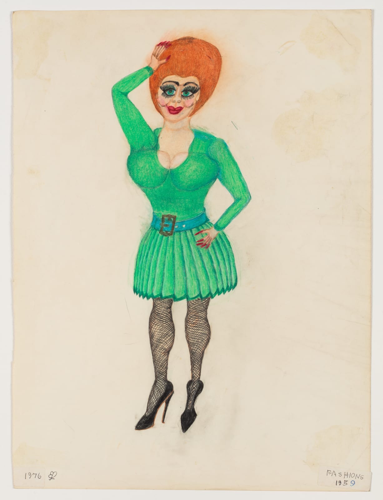 A women with orange hair and heavy makeup wearing a green skirt, stalkings, and black high-heeled shoes.