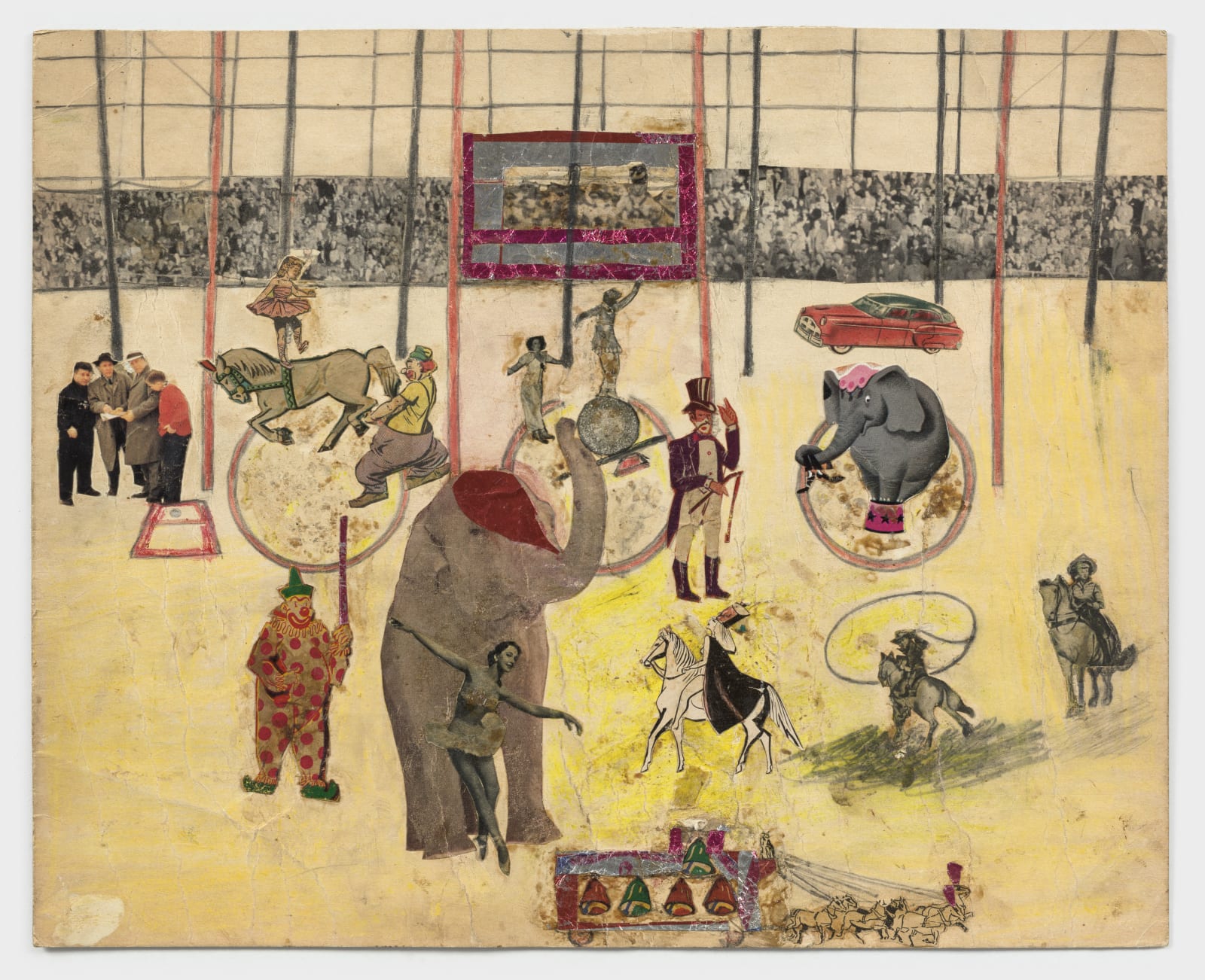 Collage of a circus made up of clowns, elephants, a ballerina, people on horses, and a crowd sitting in the background.