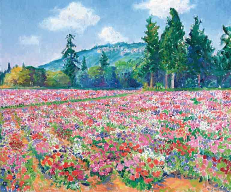 FREDERICK GORE CBE RA (1913 – 2009), Frederick-Gore-CBE-RA-A-Field-of-Petunias-Chateau-dEstouban-1991-