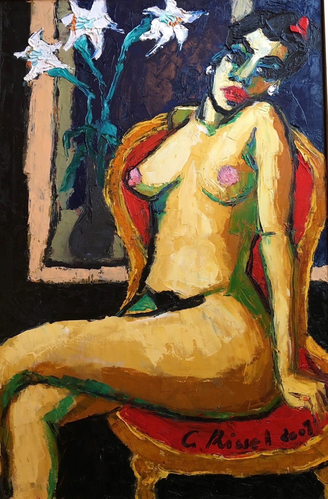 Gernot Kissel (1939-2008), Sitting nude with white lilies