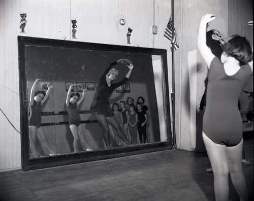 ENLARGEMENT REPRINT Vernacular, Untitled, [Interior dance studio, dancers reflected in mirror, young dancers and teacher }