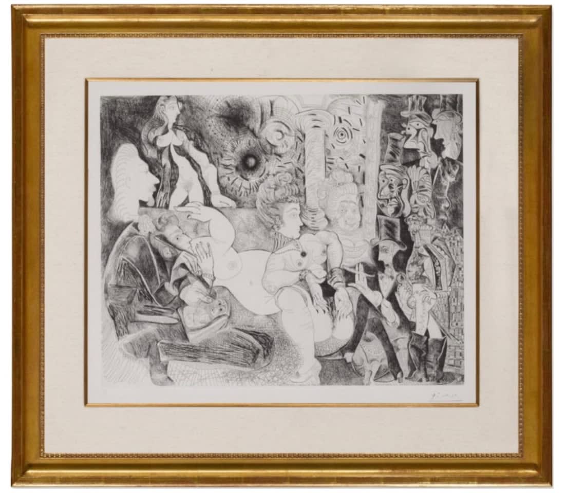Pablo Picasso, Peintre á lavallière dessinant son modéle dans le cadre de la maison tellier (B. 1871; Ba. 1876) , 1970