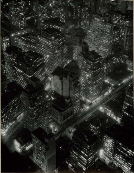 Berenice Abbott, Night View [New York at night, Empire State Building, 350 Fifth Ave., West Side, 34th and 33rd streets],...