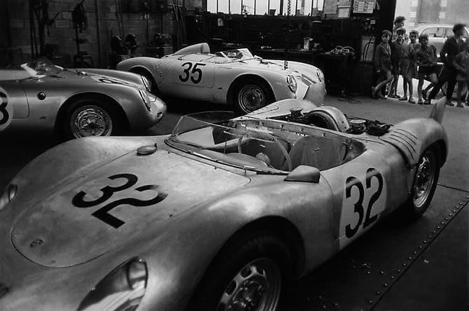 Jesse Alexander, Porsche RSK Spyders in Garage Near Le Mans, Teloche, France, 1958