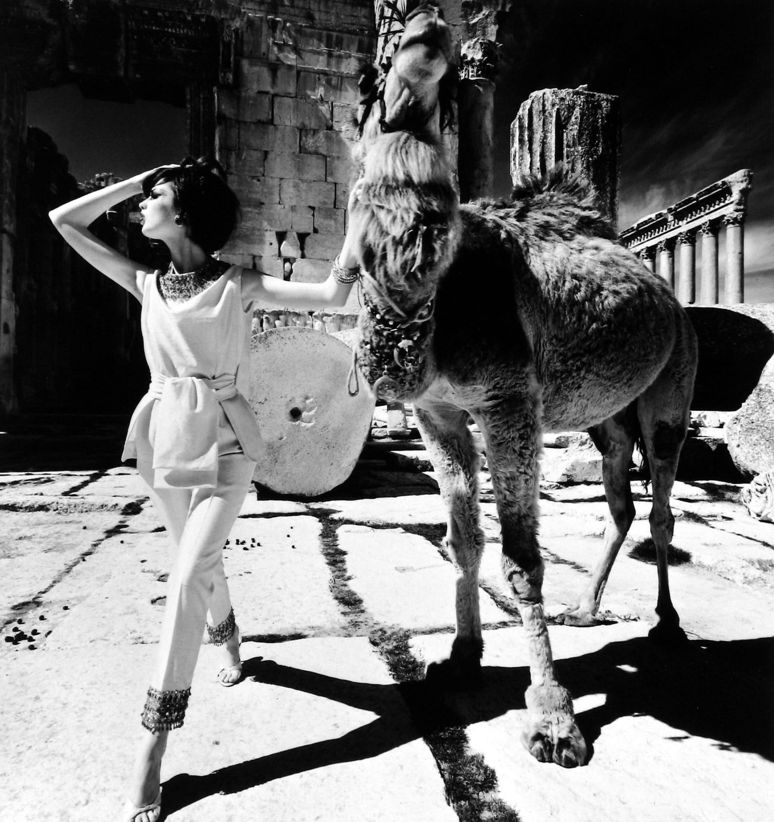 William Klein, Dorothy McGowan + Camel, Baalbek (Vogue), 1962