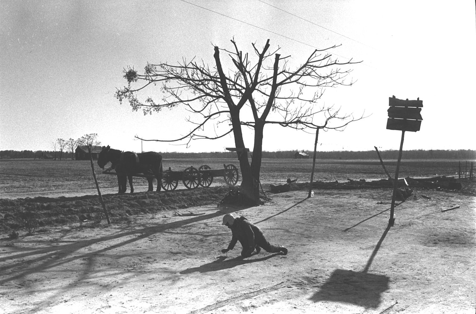 Constantine Manos, Untitled, Sharecroppers, South Carolina (child on ground, basketball hoop, mule), 1965