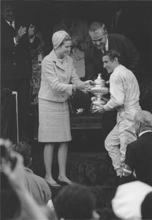 Jesse Alexander, Jackie Stewart receiving winner's trophy from Princess Grace and Prince Rainier Monaco, 1966