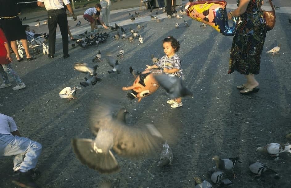 Alex Webb, Barcelona, Spain (girl feeding pigeons), 1992