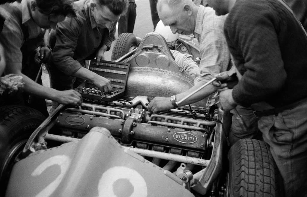 Jesse Alexander, Bugatti Mechanics, French Grand Prix, Reims-Gueux, Reims, France, 1956