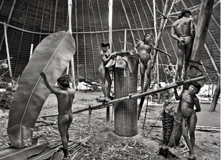 Sebastião Salgado, 162, Young people prepare cassava dough basket (2.5m tall, 8 feet), Suruwahá Indigenous Territory, state of Amazonas, 2017