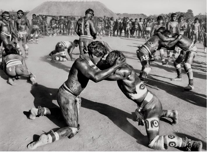 Sebastião Salgado, Warriors face off in huka-huka fight, Waurá Village, Xingu Indigenous Territory, 2005