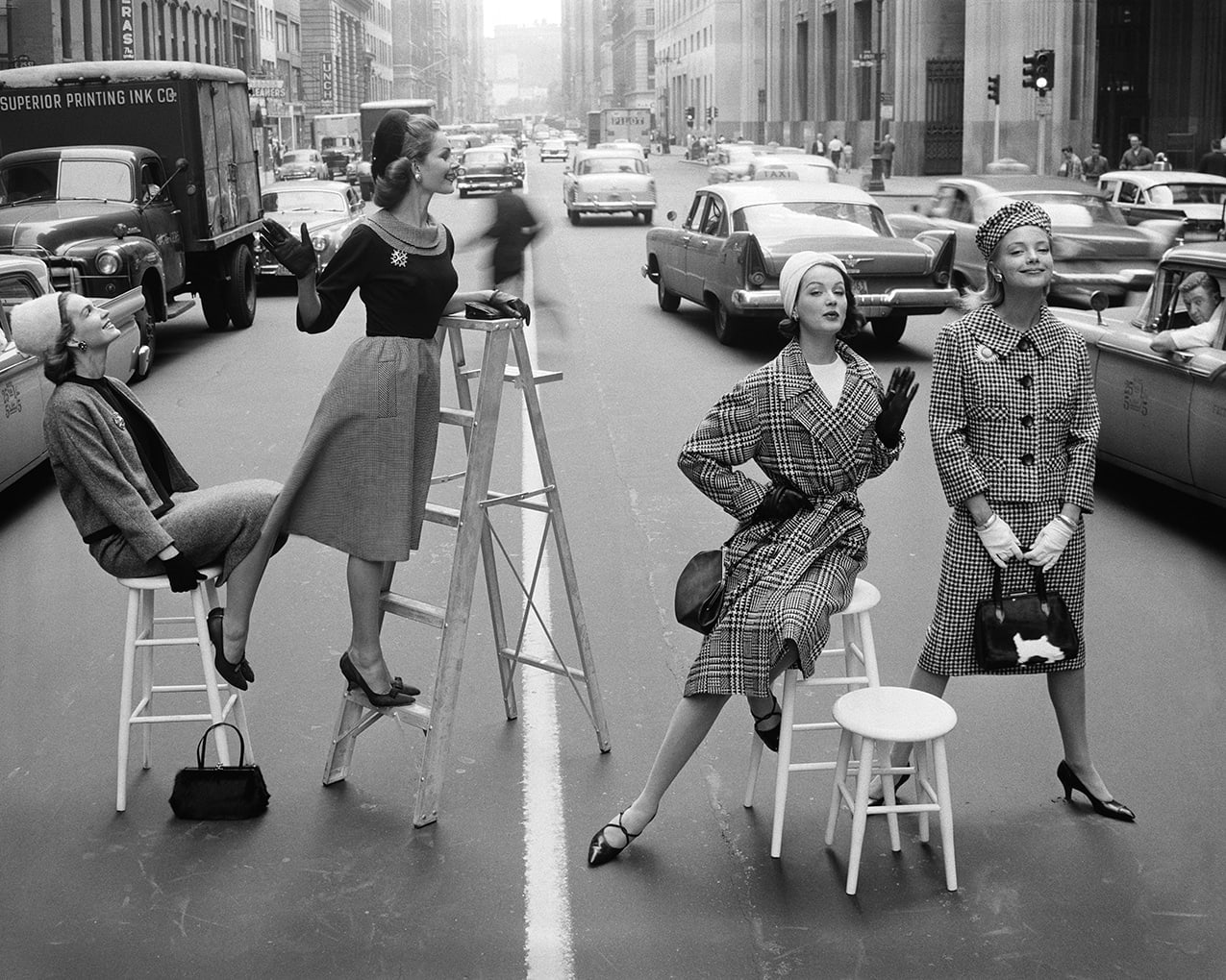 William Helburn, Stopping Traffic (Joanna McCormick, Janet Randy, Betsy Pickering, and Gretchen Harris), Park Avenue South, New York, c. 1958