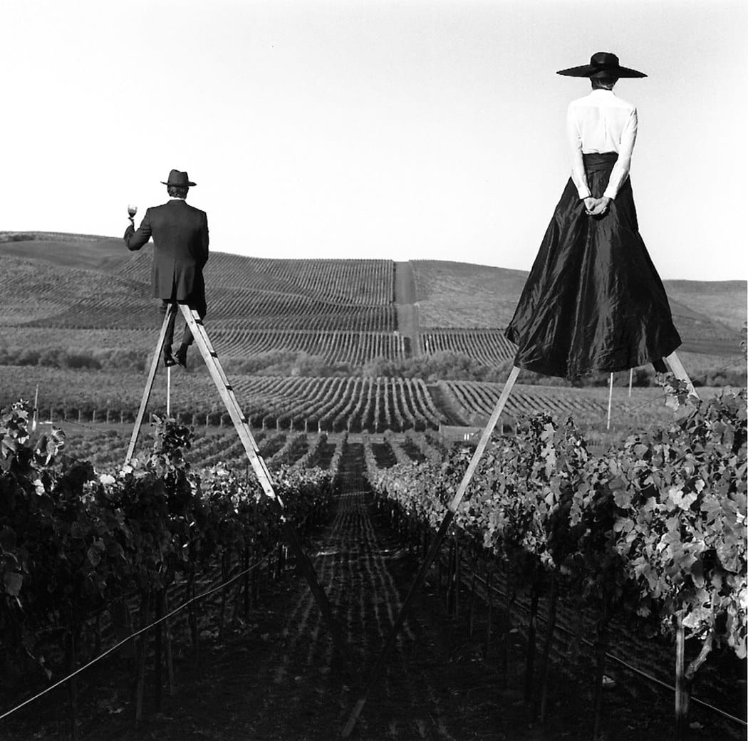 Rodney Smith, Couple from behind on ladders in vineyard, Napa Valley, California, 1998