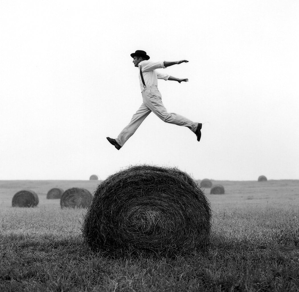 Rodney Smith, Don jumping over hay stack, Monkton, Maryland, 1999