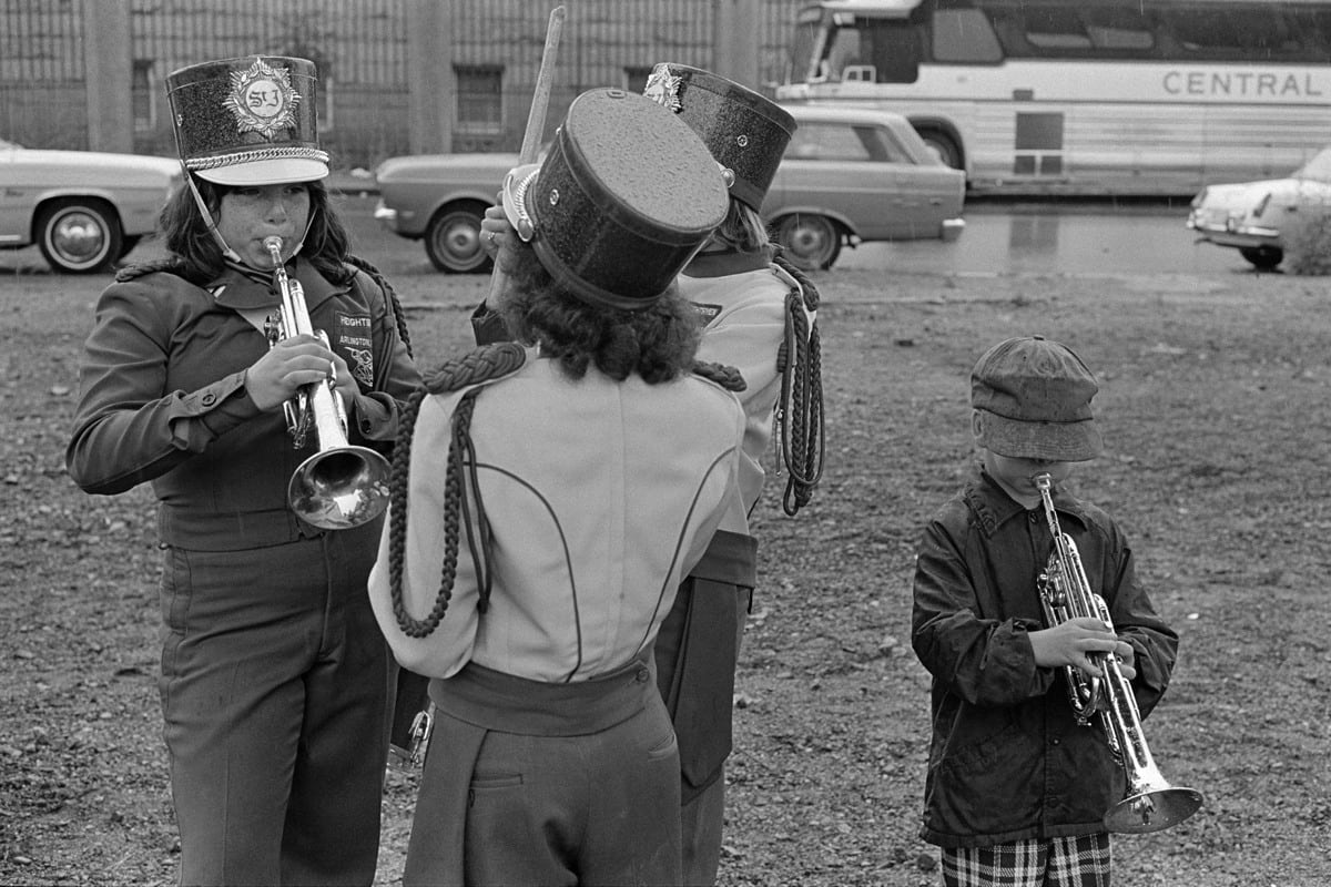 Constantine Manos, Arlington High School Band Warming up for Parade, Charlestown, Boston,Massachusetts, 1974