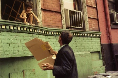 Helen Levitt, Untitled, New York (young girl on green wall, man looking up), 1972