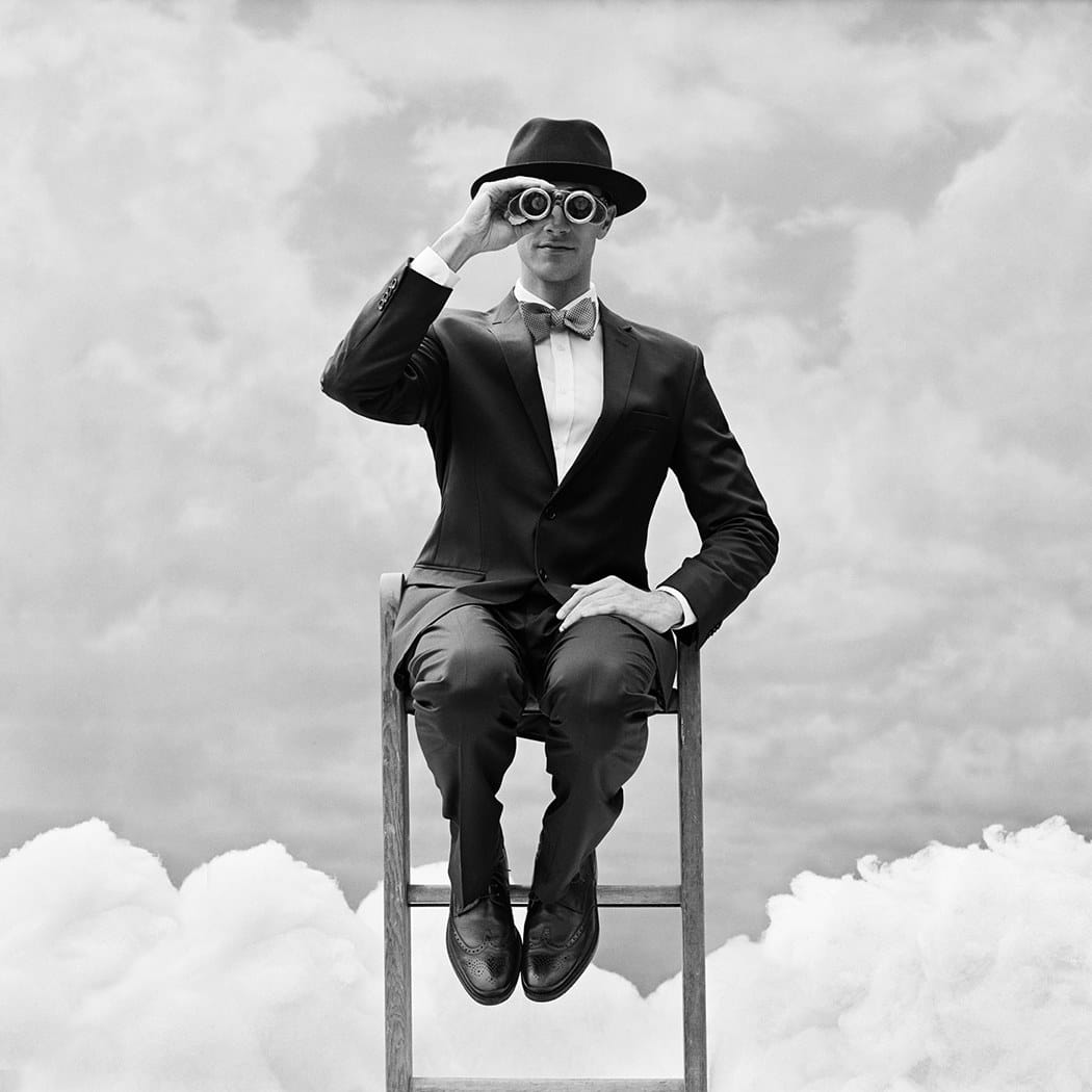 Rodney Smith, Reed Perched on the Top of Ladder with Binoculars, Snedens Landing, NY