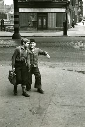 Helen Levitt, Untitled, New York (two boys, one with suspenders and bag), c. 1940