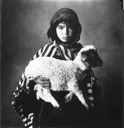 Irving Penn, Young Berber Shepherdess of the Ait Yazza People in the High Atlas, witha newborn lamb (B), Morocco (...